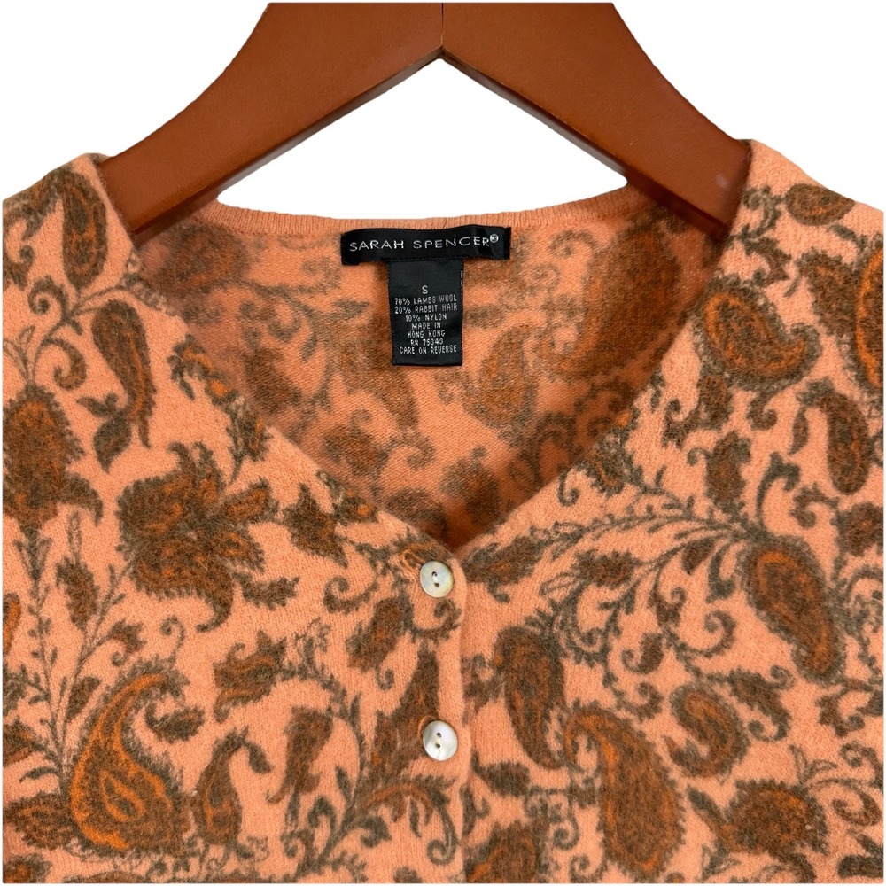 Sarah Spencer Cardigan S/XS Paisley Peach Wool Rabbit Hair Button Up Fitted VTG